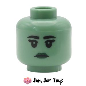 LEGO Sand Green Head, Black Eyebrows, Dark Green Lips