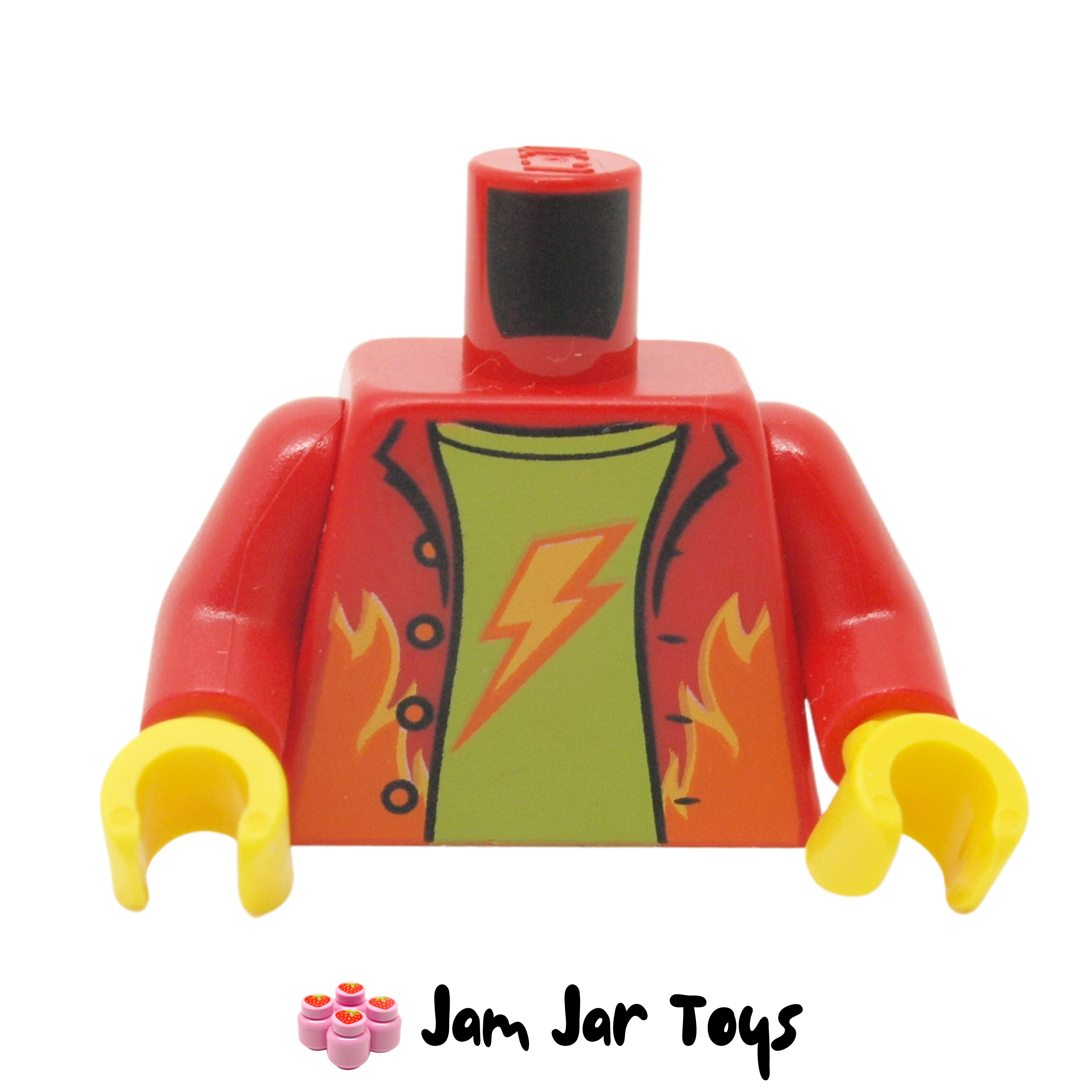 Elendig Torrent En del LEGO Dynamo Doug / Han Torso Red Shirt, Open with Flames, Lime Undershirt  with Lightning Bolt T152