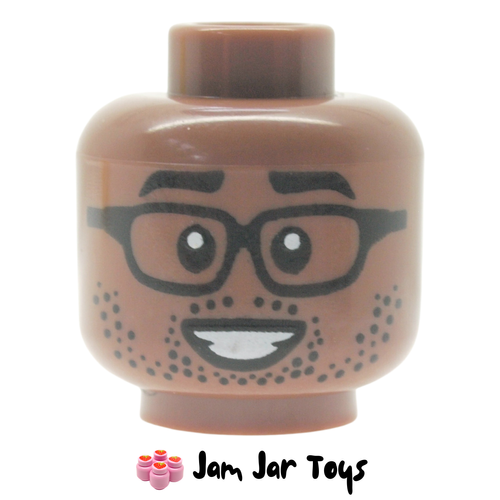 LEGO Medium Brown Head, Black Glasses, Stubbled Beard, Big Smile.
