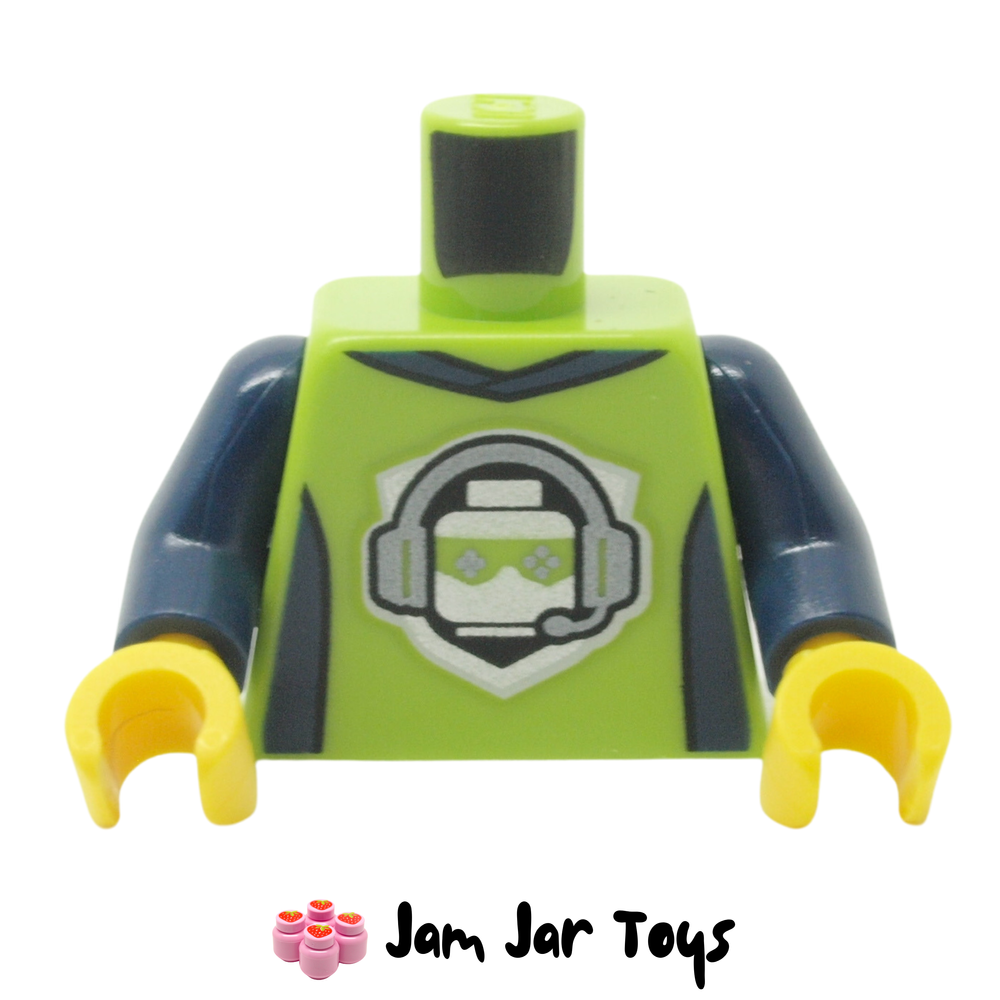 LEGO Lime Torso, Dark Blue Sides, Collar, Silver Minifig Head, Headphones.