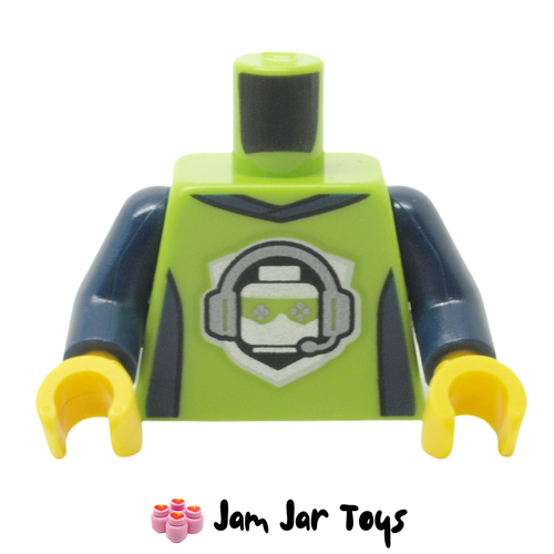 LEGO Lime Torso, Dark Blue Sides, Collar, Silver Minifig Head, Headphones.