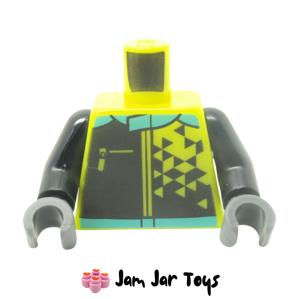 LEGO Vibrant Yellow Racing Suit Torso, Black Triangles, Medium Azure Collar, Zipper