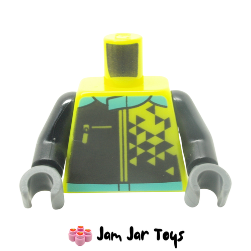 LEGO Vibrant Yellow Racing Suit Torso, Black Triangles, Medium Azure Collar, Zipper