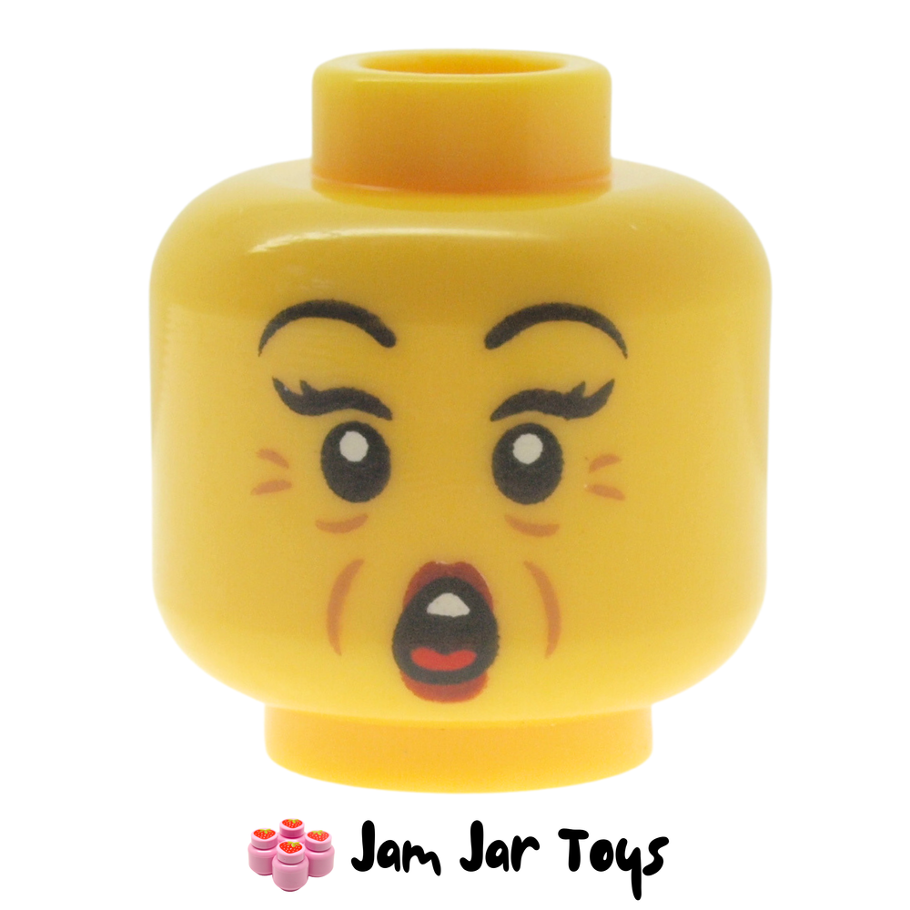 LEGO Head Dark Red Lips, Crows Feet, Wrinkles, Shocked Open Mouth.