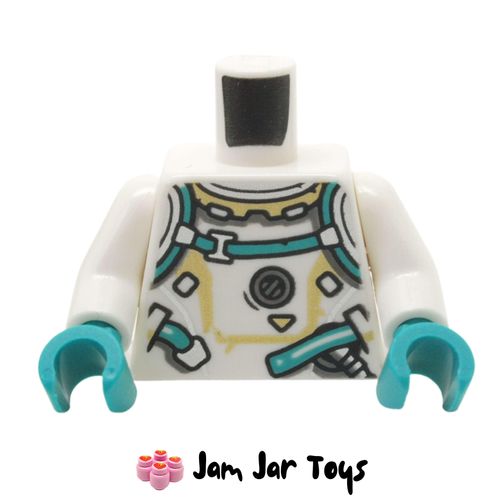 LEGO White Torso Spacesuit, Dark Turquoise Trim, Dark Bluish Grey Hose and Vent.