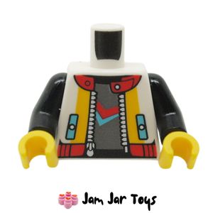 LEGO® White Torso, Jacket, Orange Trim, Red Collar, Grey Shirt, Number 27 on back. TO61