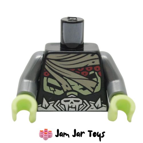 LEGO Black Torso, Tan Wrappings, Red Armour, Yellowish Green Ribcage, Silver Belt with Skull.