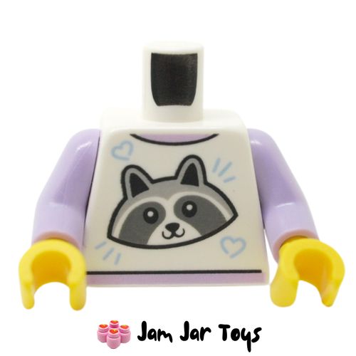 LEGO White Shirt, Raccoon print, Lavender Arms, Yellow Hands.