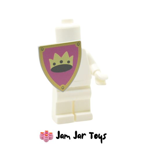 LEGO Triangular Shield, Crown on Pink Background, Gold Border.