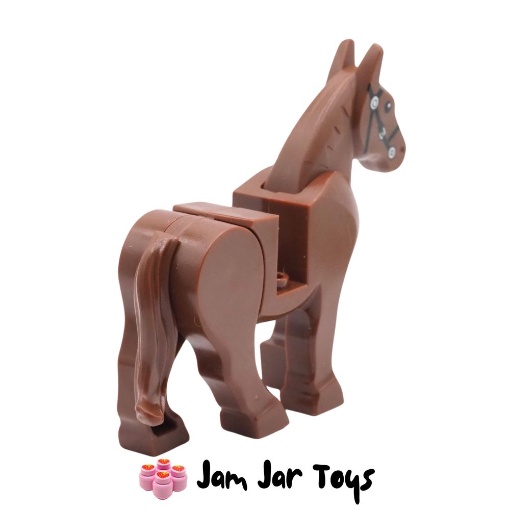 LEGO Minifigure Poseable Reddish Brown Horse, Black Bridle, White Blaze. Rear View