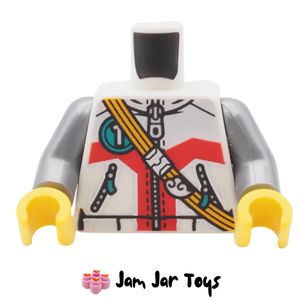 LEGO® White Torso, Jacket, Zipper, Circle with White 1, Yellow Strap. TO370