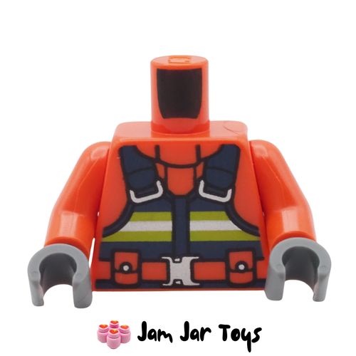 LEGO® Reddish Orange Torso, Dark Blue Overall, Neon Green/Silver Safety Stripes