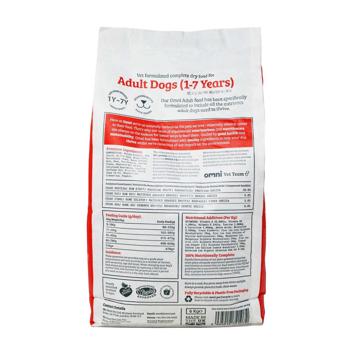 Back of a 6kg bag of Omni Plant Based Vegan Dog Food
