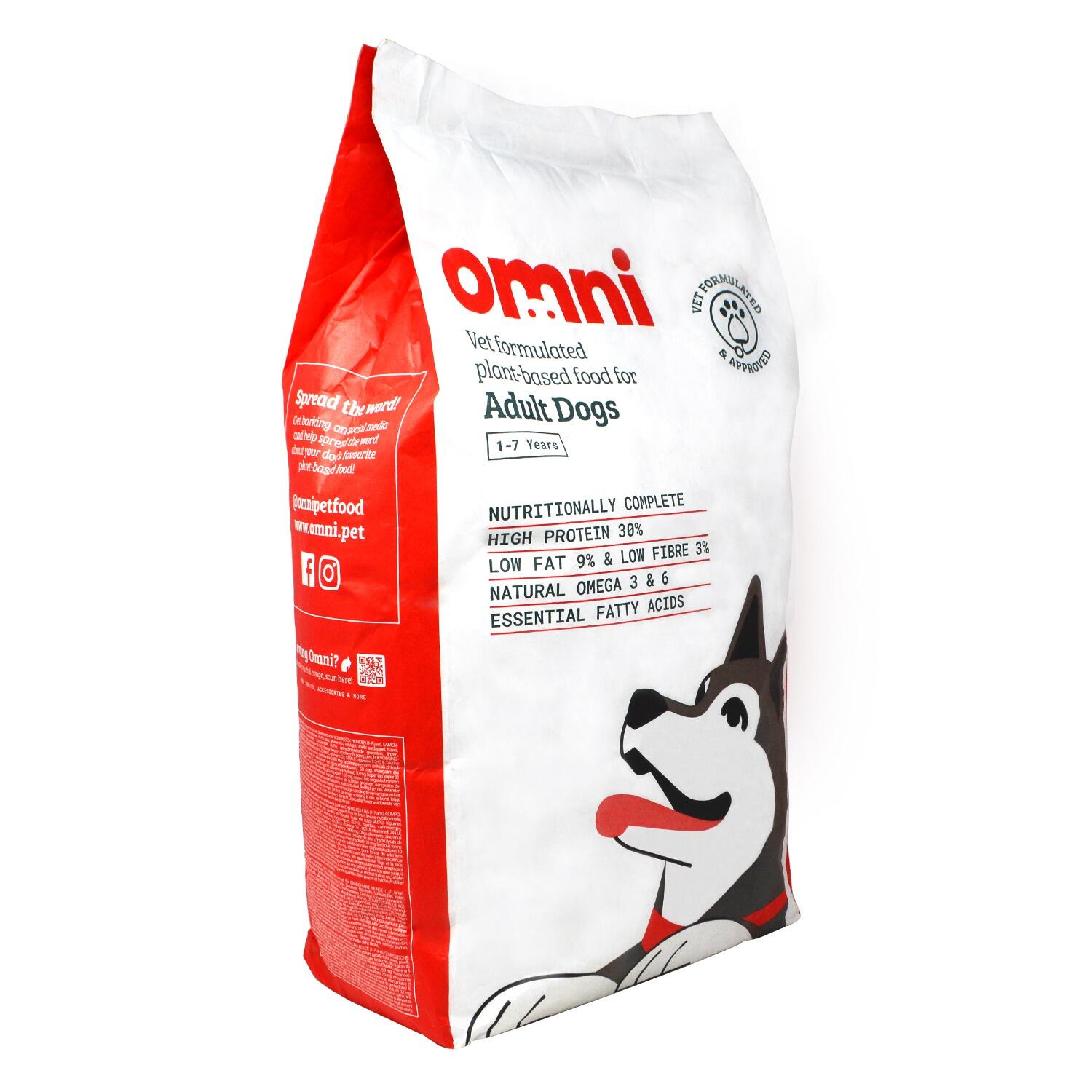 An angled 10kg bag of Omni vegan dog food