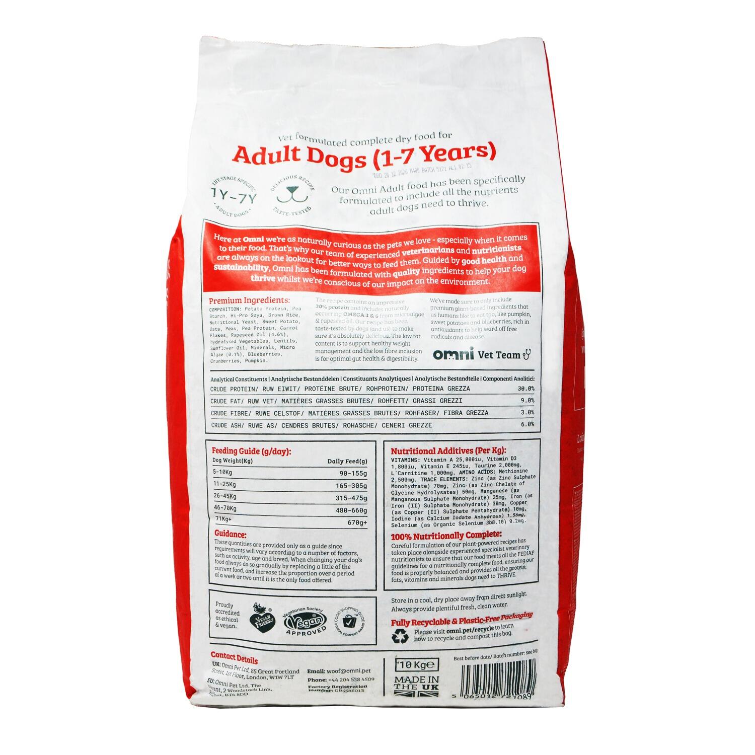 Back of a 10kg bag of Omni complete vegan dog food