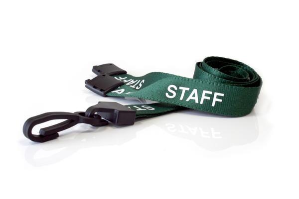 15mm Staff Lanyard – Green with White Print, Safety Breakaway & J-Clip (10 Pack) - SKE Direct Sales Ltd