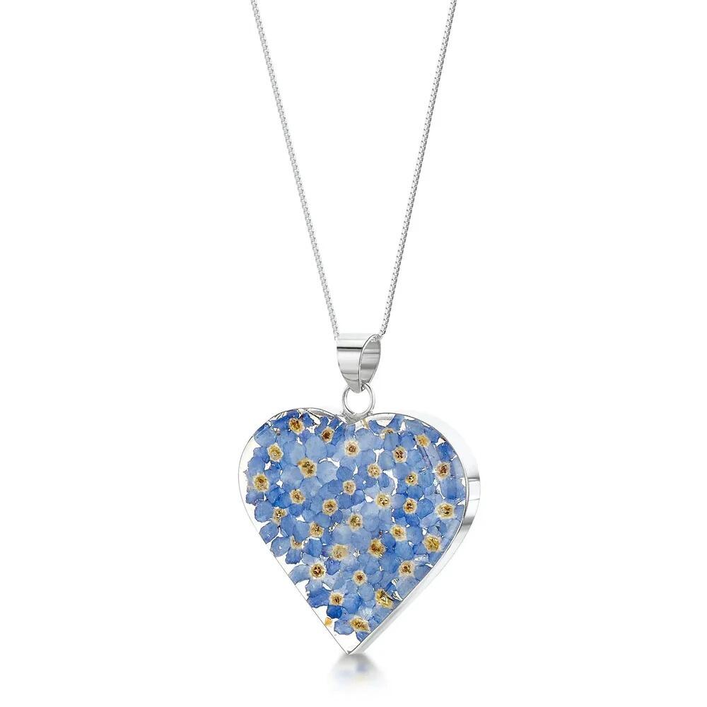 Shrieking Violet Forget Me Not - Large Heart Pendant Necklace in Sterling Silver