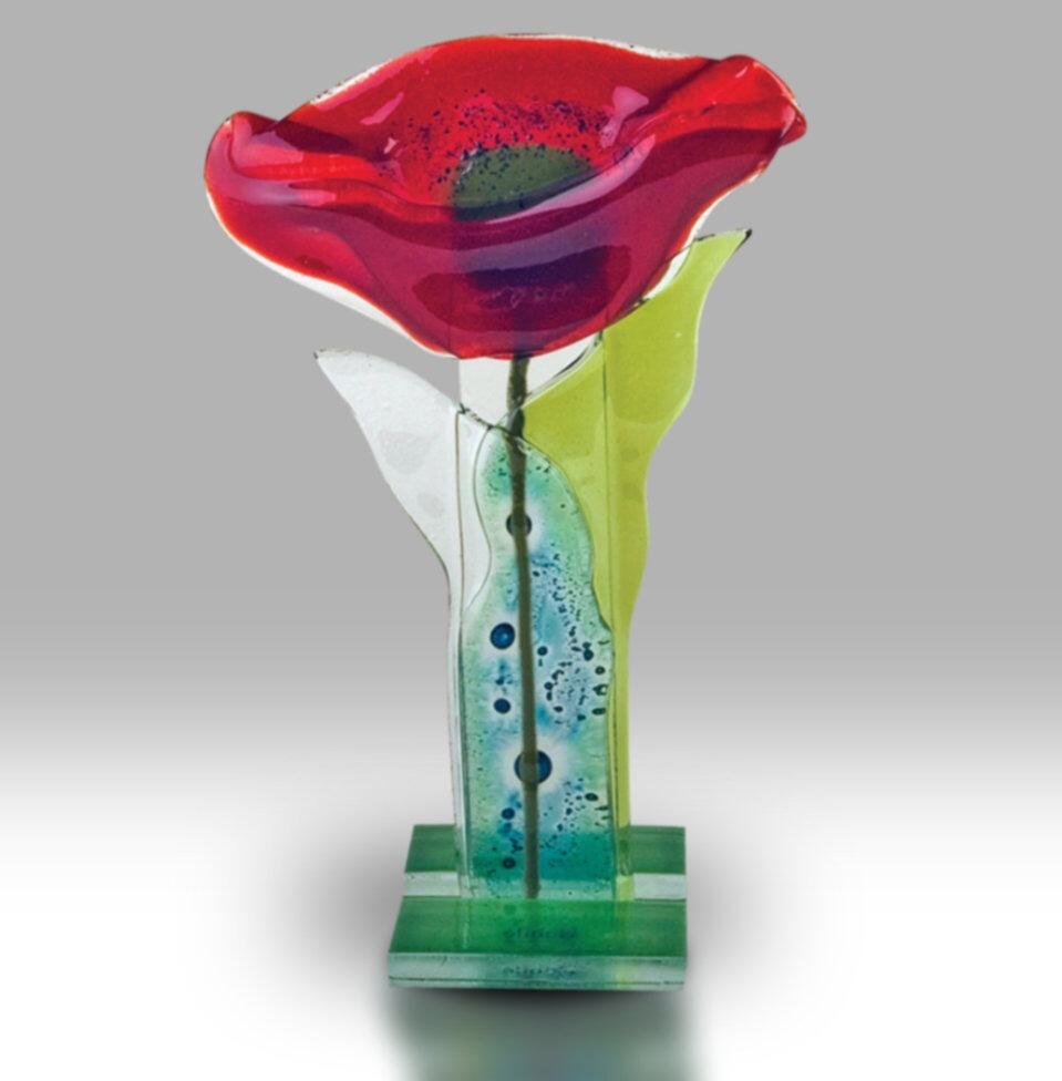 Nobile Fused Glass Artwork Red Flower on Stem 247-N10