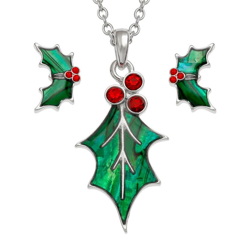 Tide Jewellery Green Paua Shell Holly Leaf Necklace & Stud Earrings Set