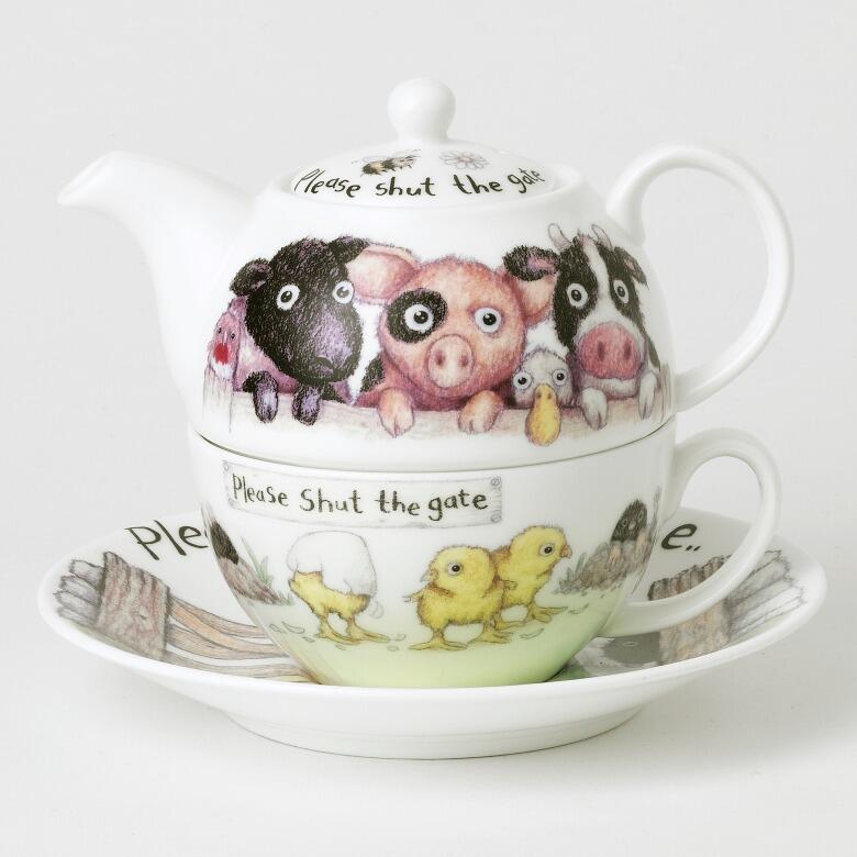 Roy Kirkham Please Shut the Gate Tea for One Teapot with Tea Cup and Saucer