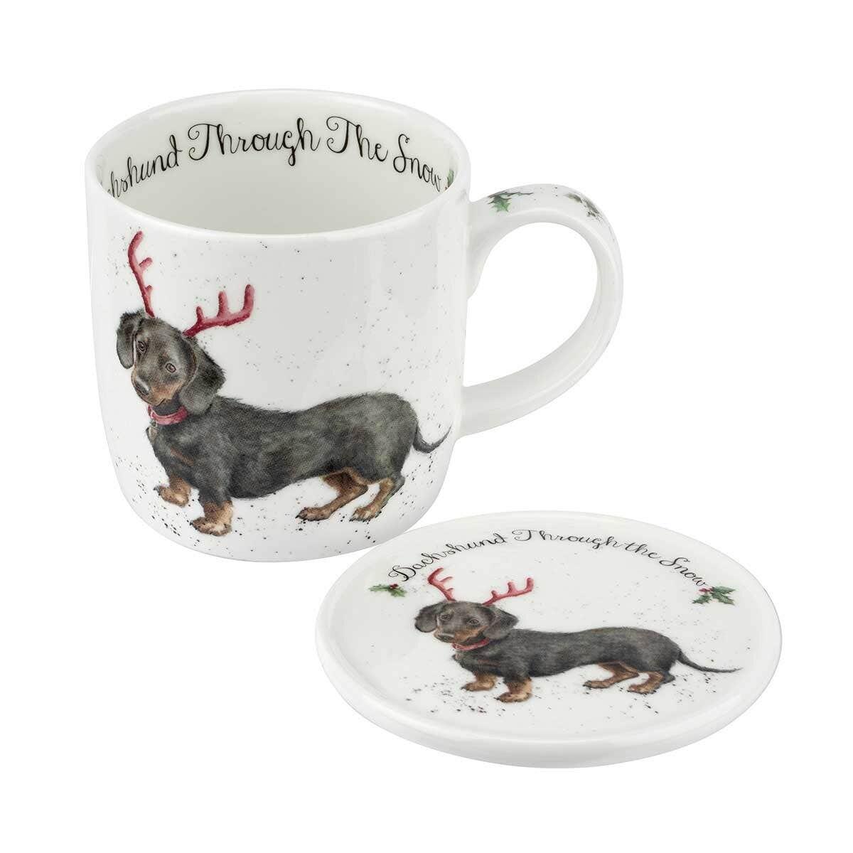Wrendale Designs - Christmas Mug and Coaster Set - Dachshund Through the Snow