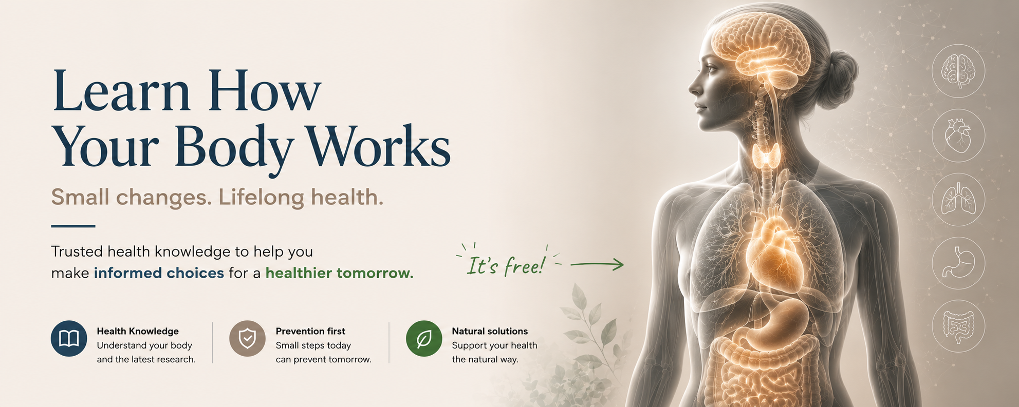 Health Mastery mobile homepage banner showing an inspiring mountain sunrise with a silhouetted person standing with arms outstretched alongside the message 'Knowledge empowers. Prevention protects. Natural solutions support.' and a call to explore the free Health Hub.