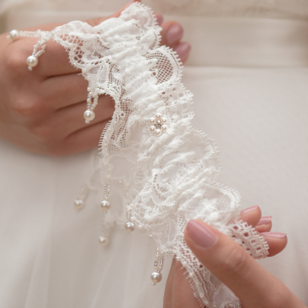 Leila French Lace Handbeaded Swarovski Pearl Wedding Garter Unique!