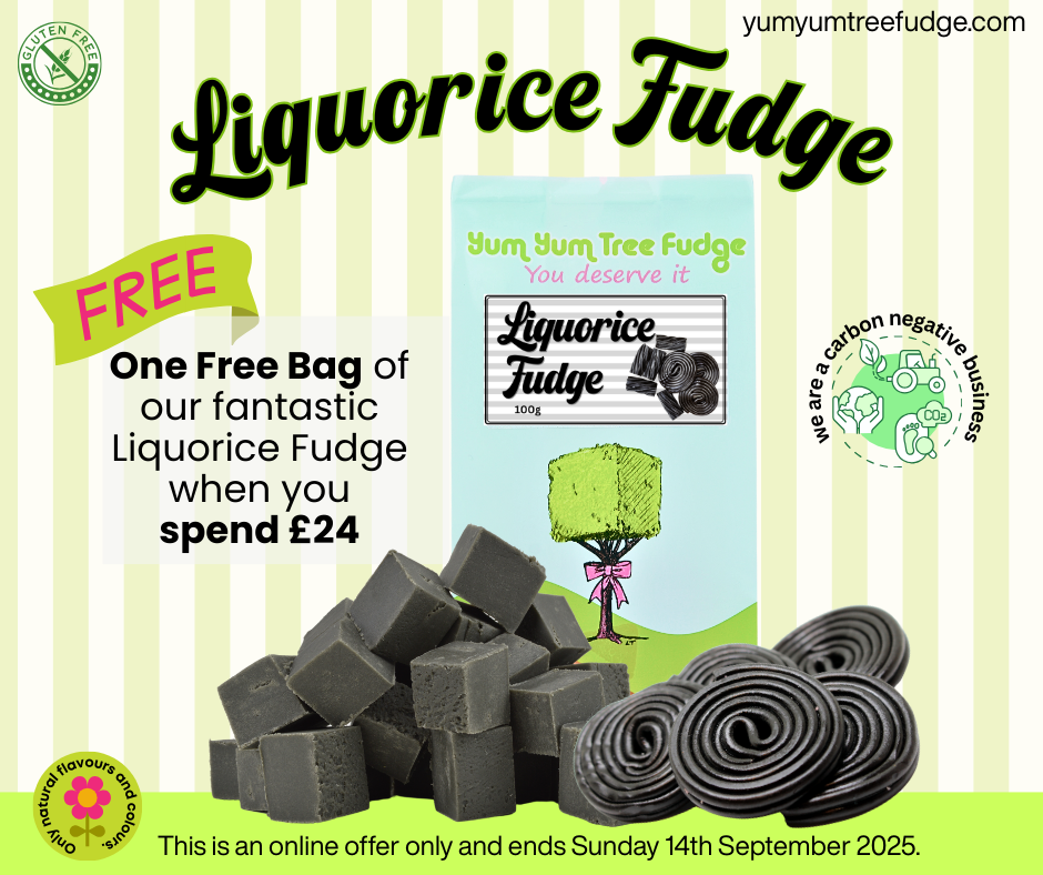 Get an extra free bag of our liquorice fudge when you spend £24 or more on any of our delicious fudge flavours.
