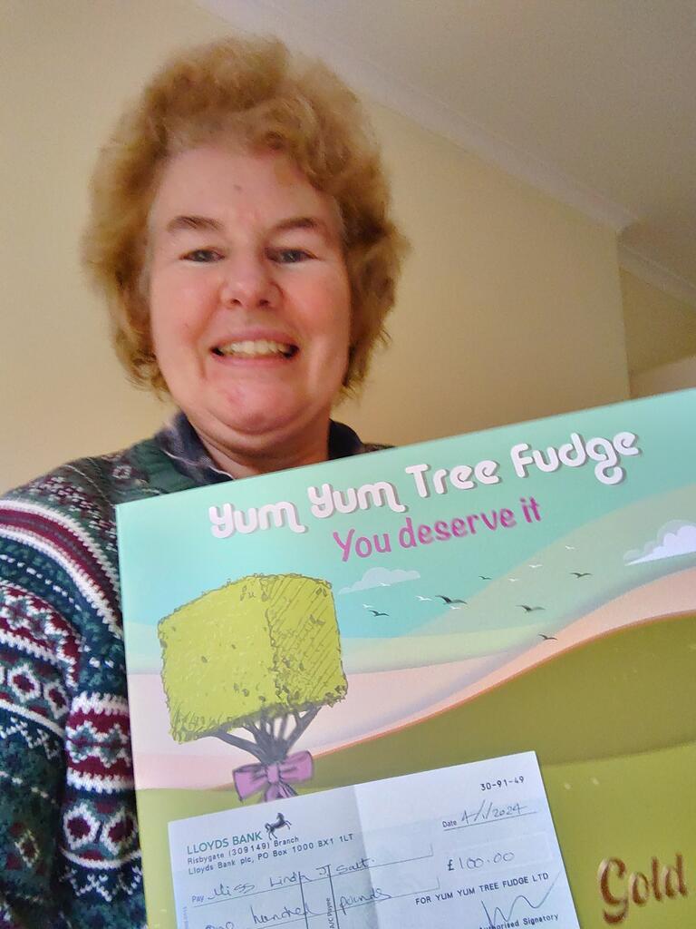 Linda's the winner! £100 and a Gold Gift Box full of delicious fudge.