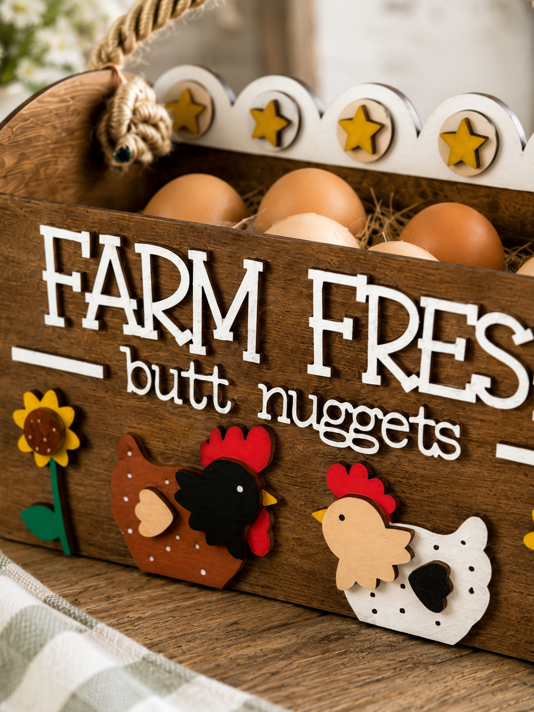 Fresh Butt Nuggets wooden egg holder hand painted in Rustic Oak farmhouse finish.