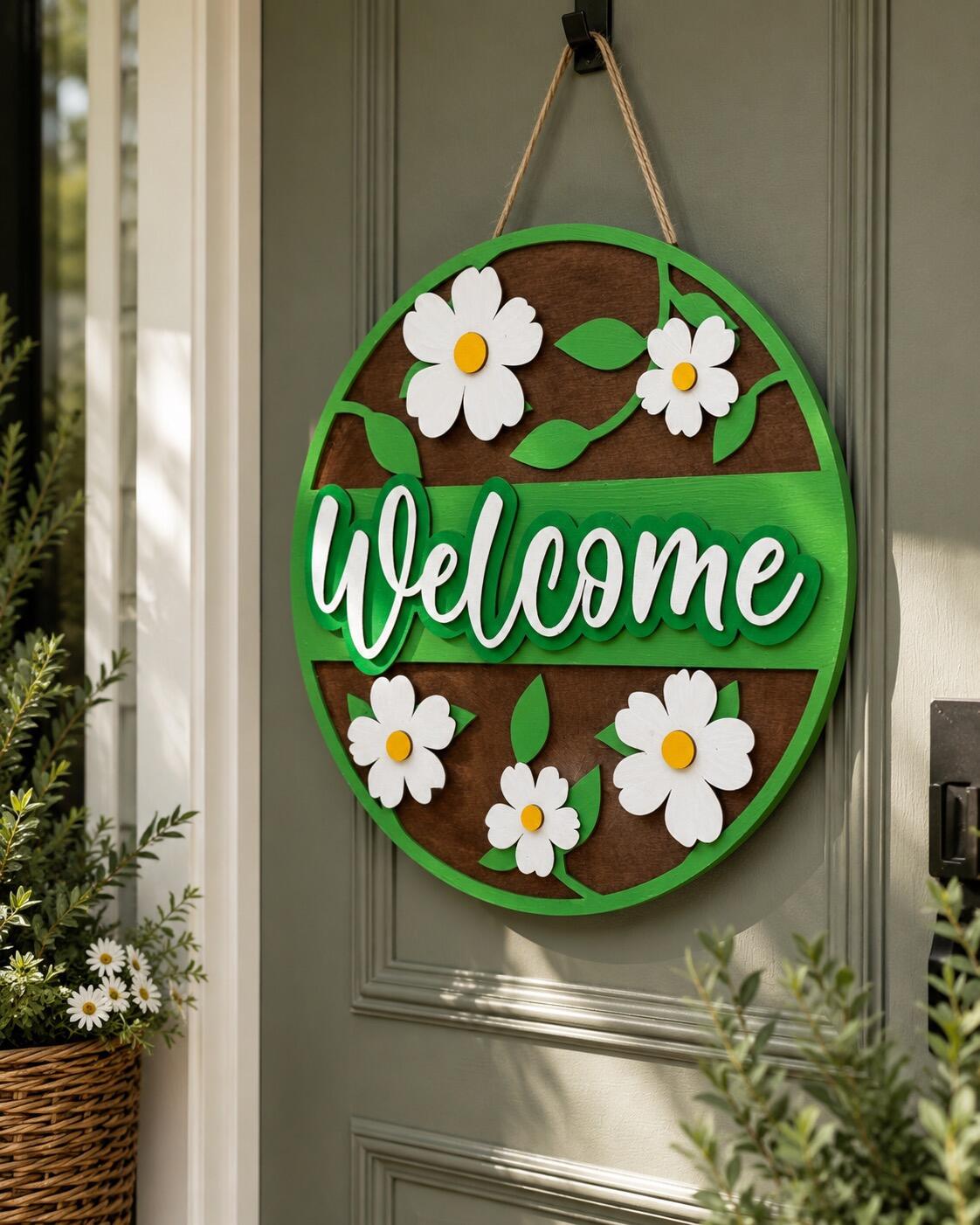 WELCOME DAISY ROUND WOODEN WALL SIGN