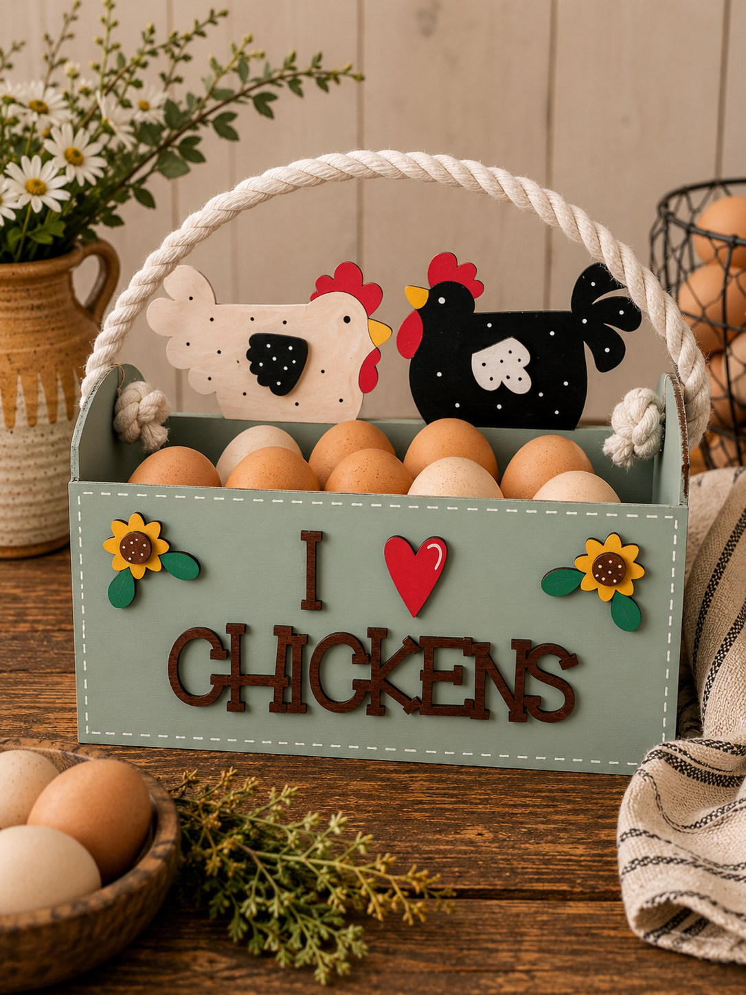 Sage green I Love Chickens wooden egg collecting carrier
