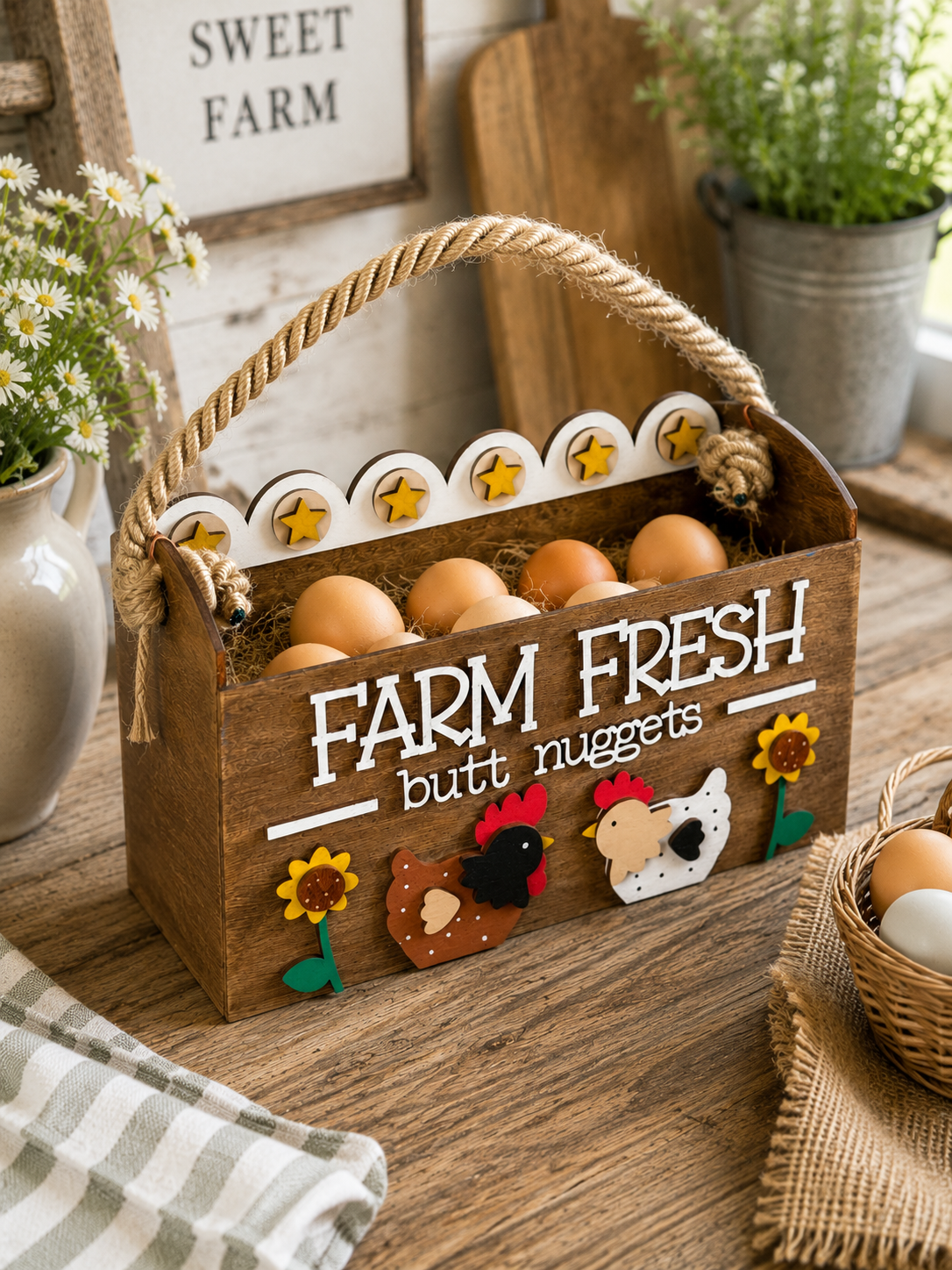 Fresh Butt Nuggets wooden egg holder hand painted in Rustic Oak farmhouse finish.