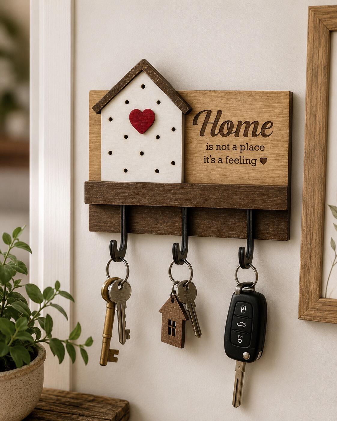 Rustic wooden hallway key organiser with hooks