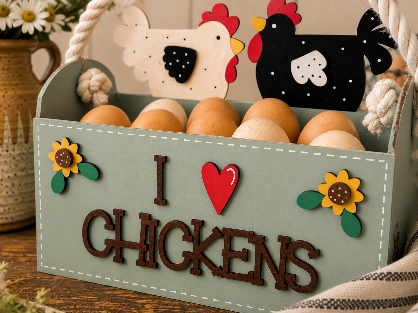I Love Chickens egg carrier with handmade wooden hens and sunflowers