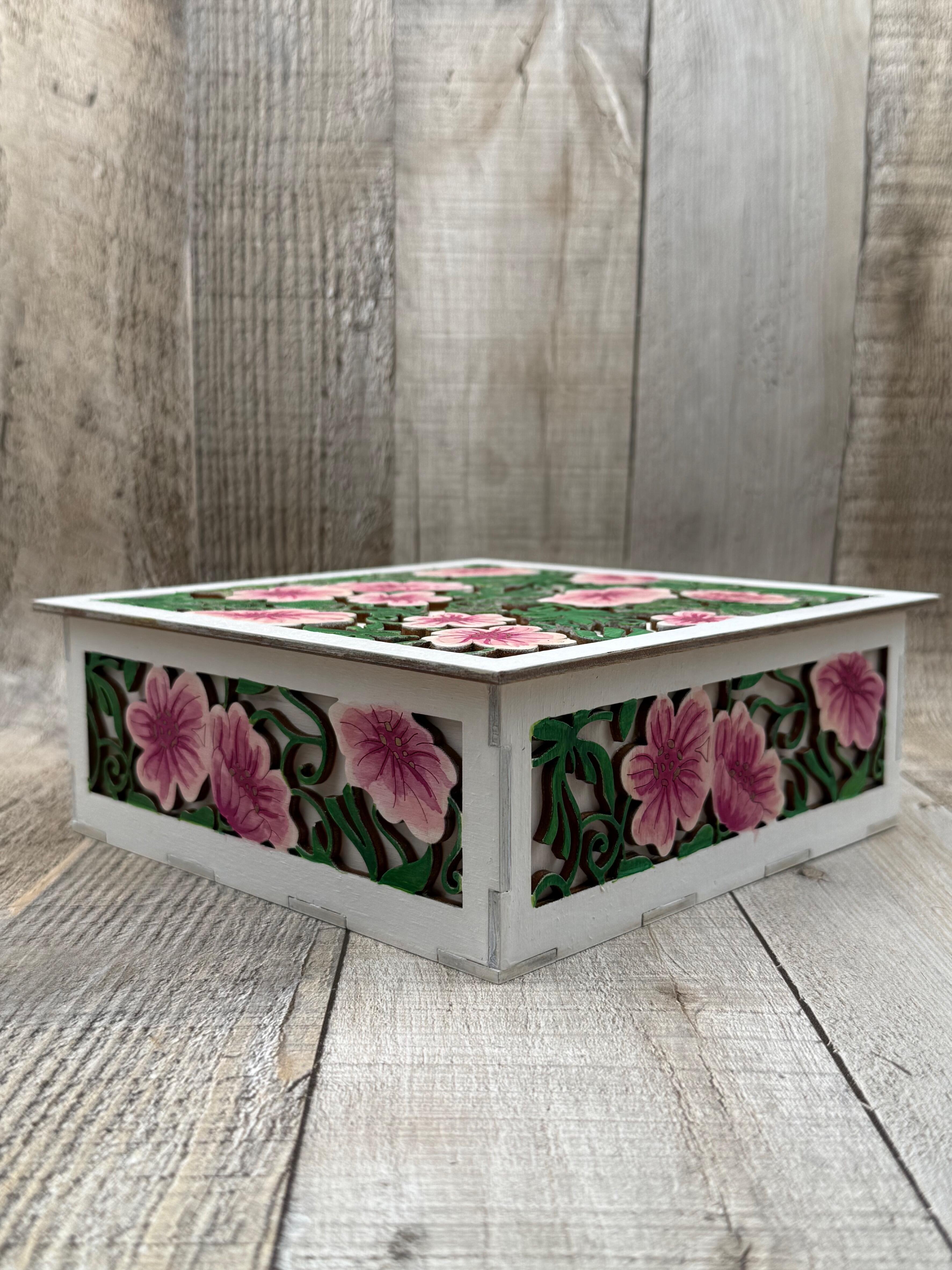 FLORAL LAYERED LASER CUT WOODEN KEEPSAKE BOX WITH LID - HAND PAINTED
