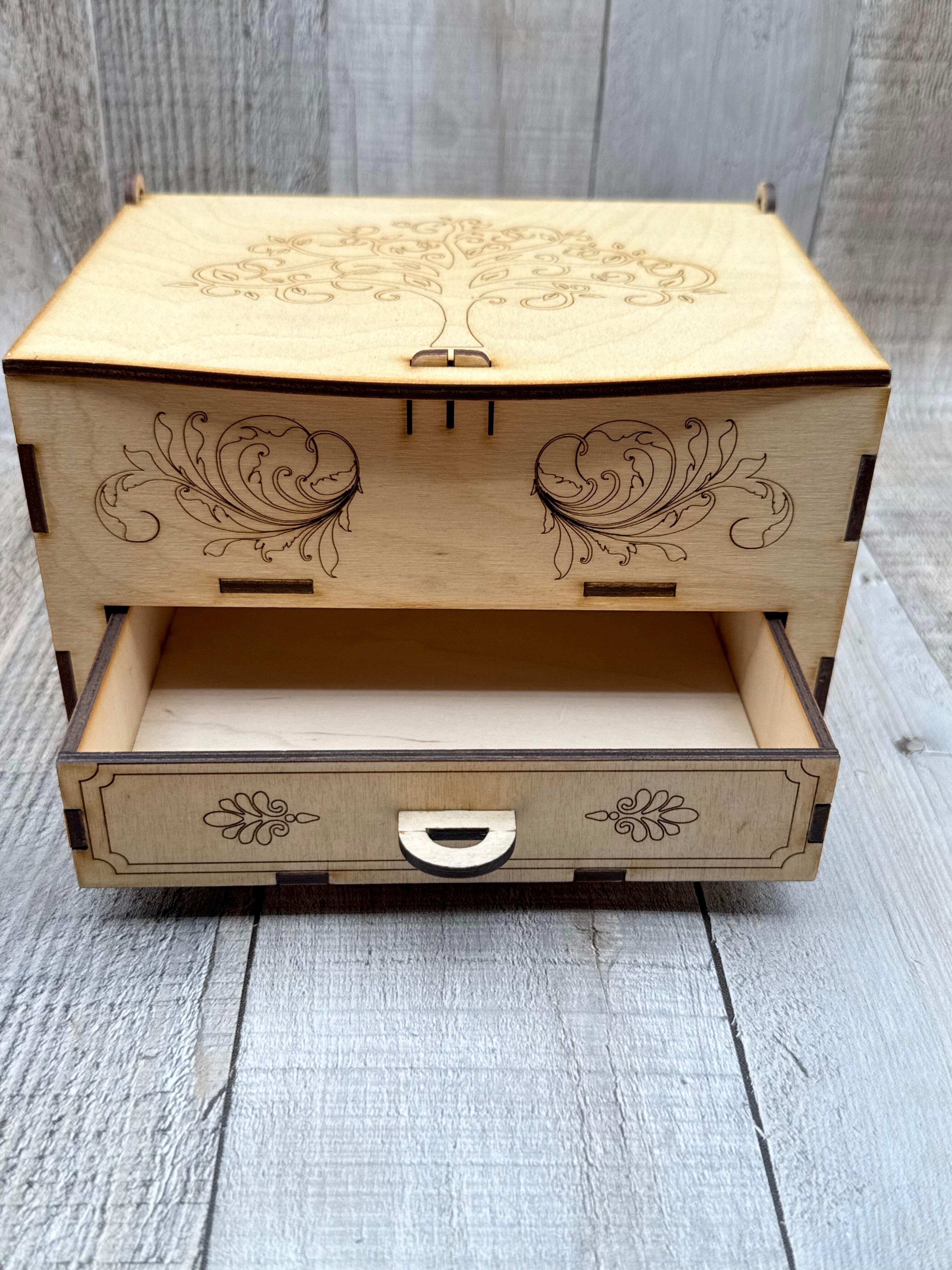 Decorative wooden keepsake box with scroll detailing