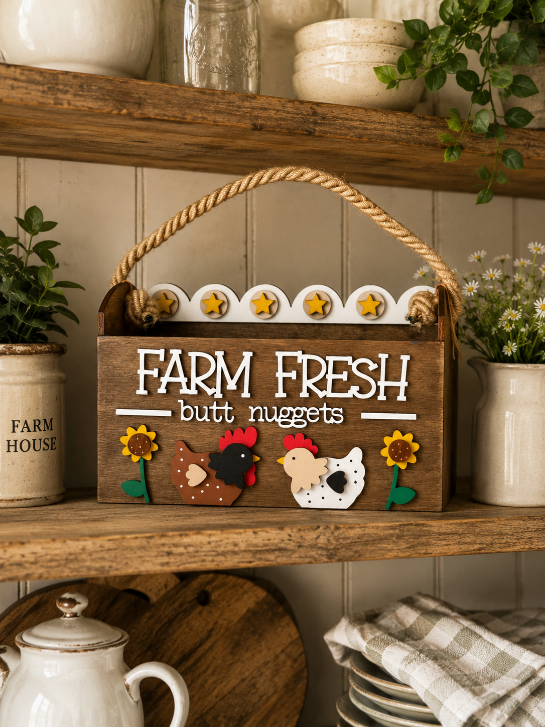 Farm Fresh Butt Nuggets wooden egg holder hand painted in Rustic Oak farmhouse finish.