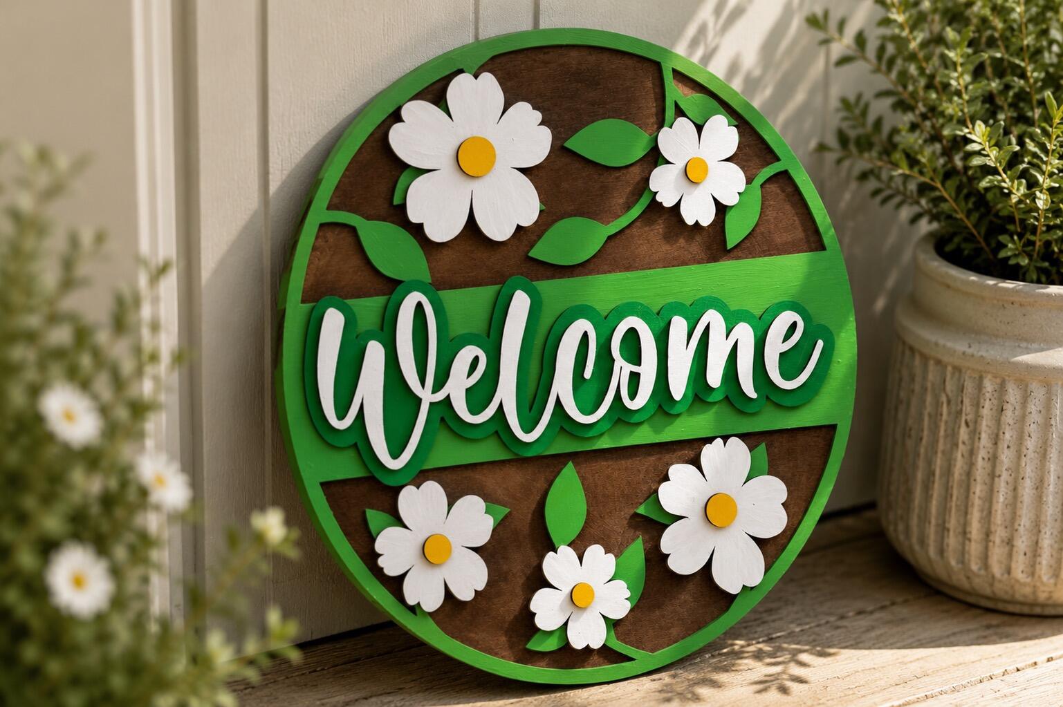 ROUND WOODEN WALL SIGN WELCOME DAISY