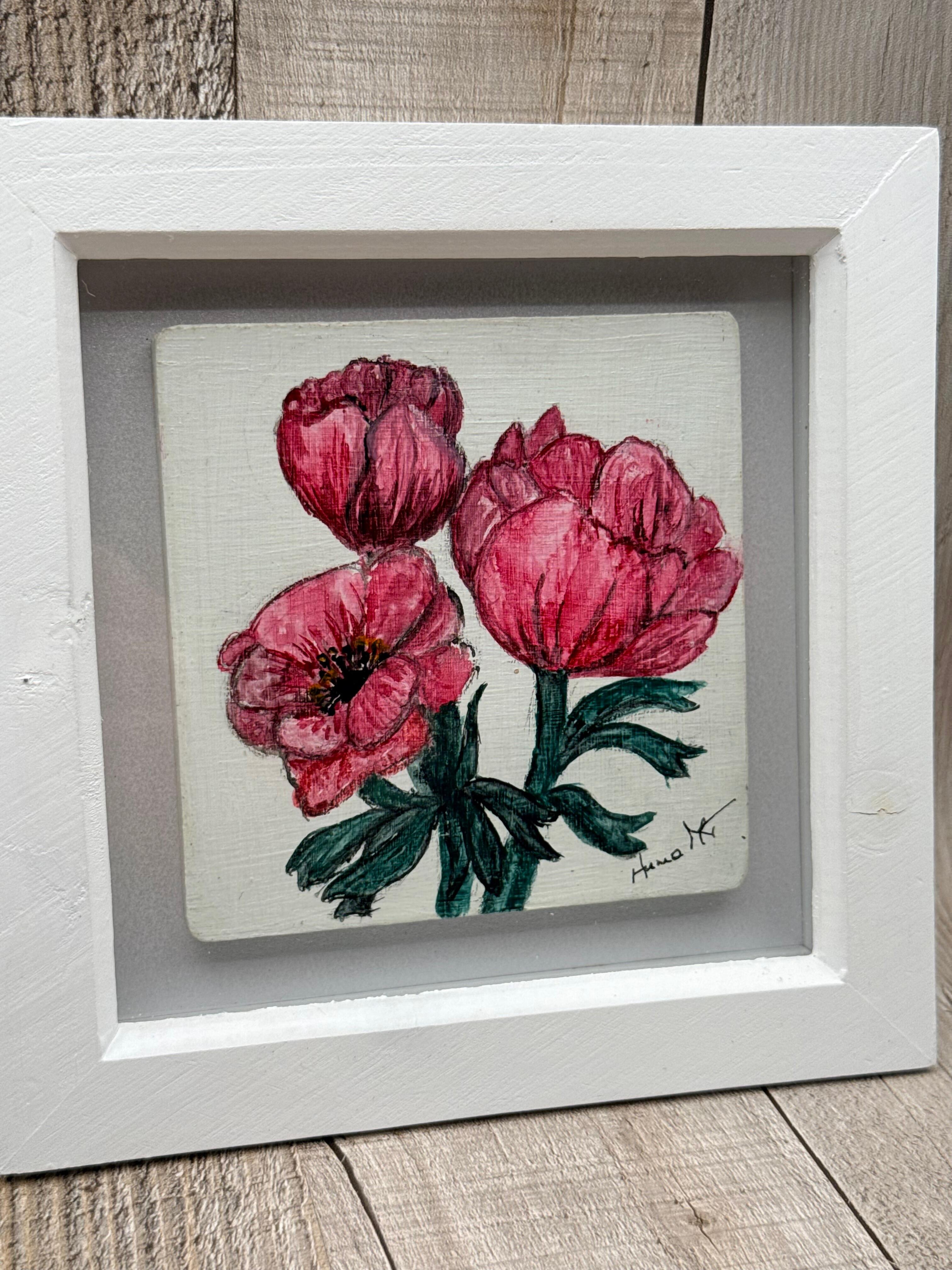 FRAMED ACRYLIC ANEMONE FLORAL ART – HAND PAINTED WOODEN PANEL
