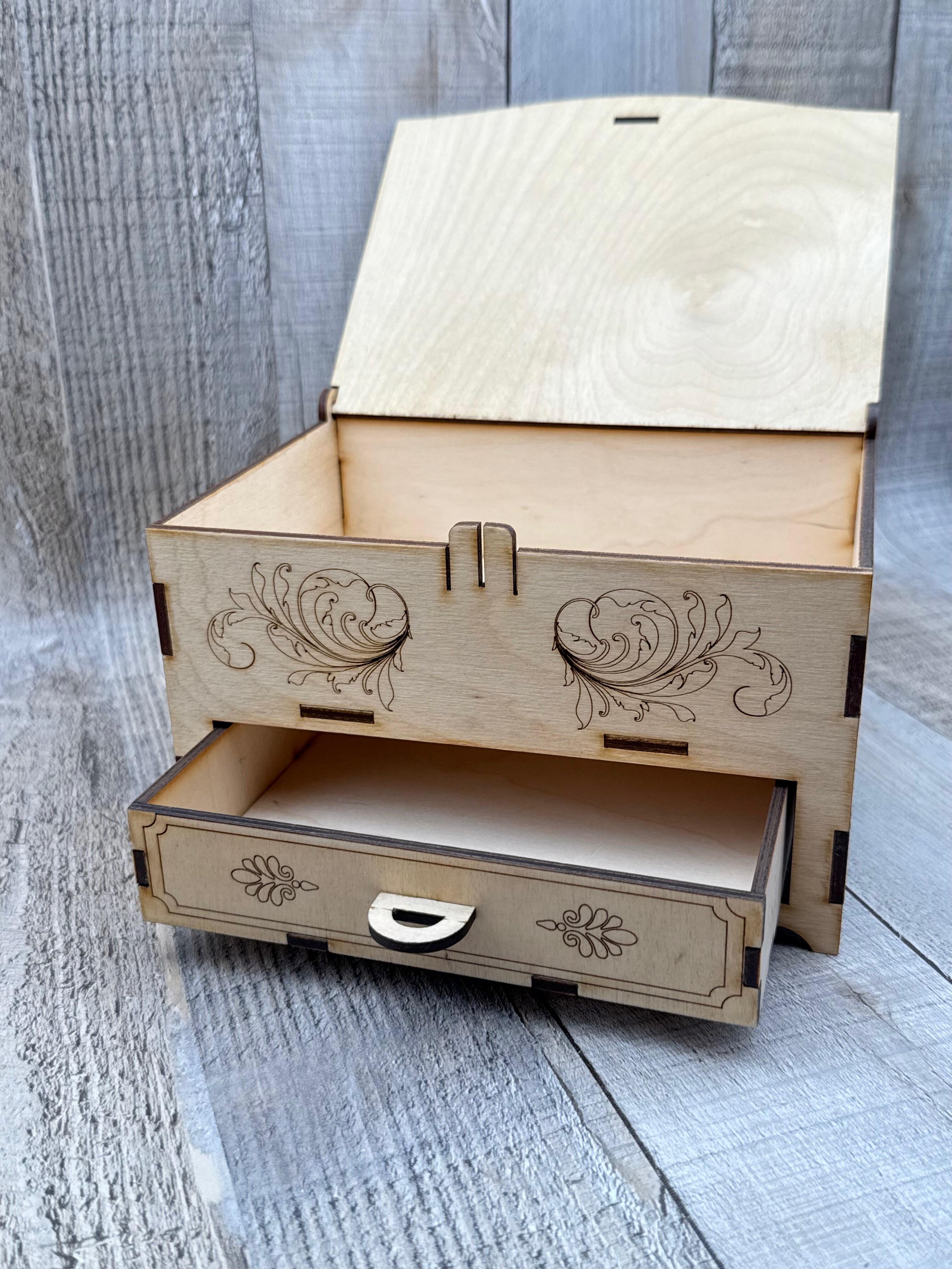 Laser cut wooden jewellery box with lift lid and storage drawer