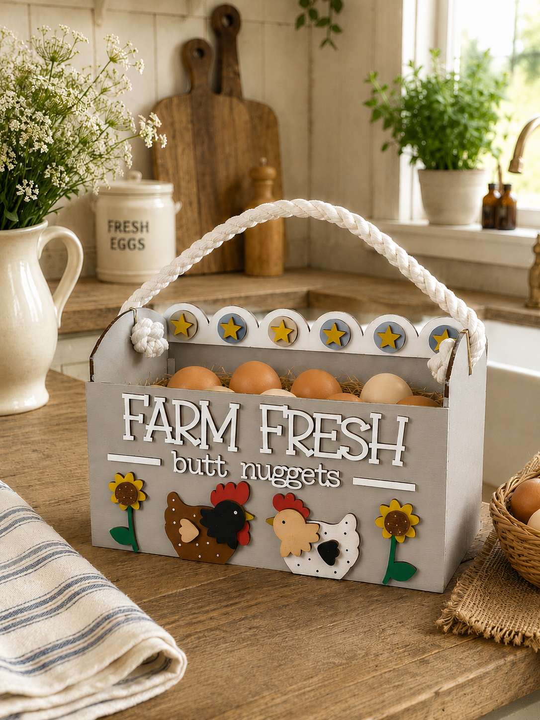 Farm Fresh Butt Nuggets wooden egg holder hand painted in Country Mist farmhouse finish.