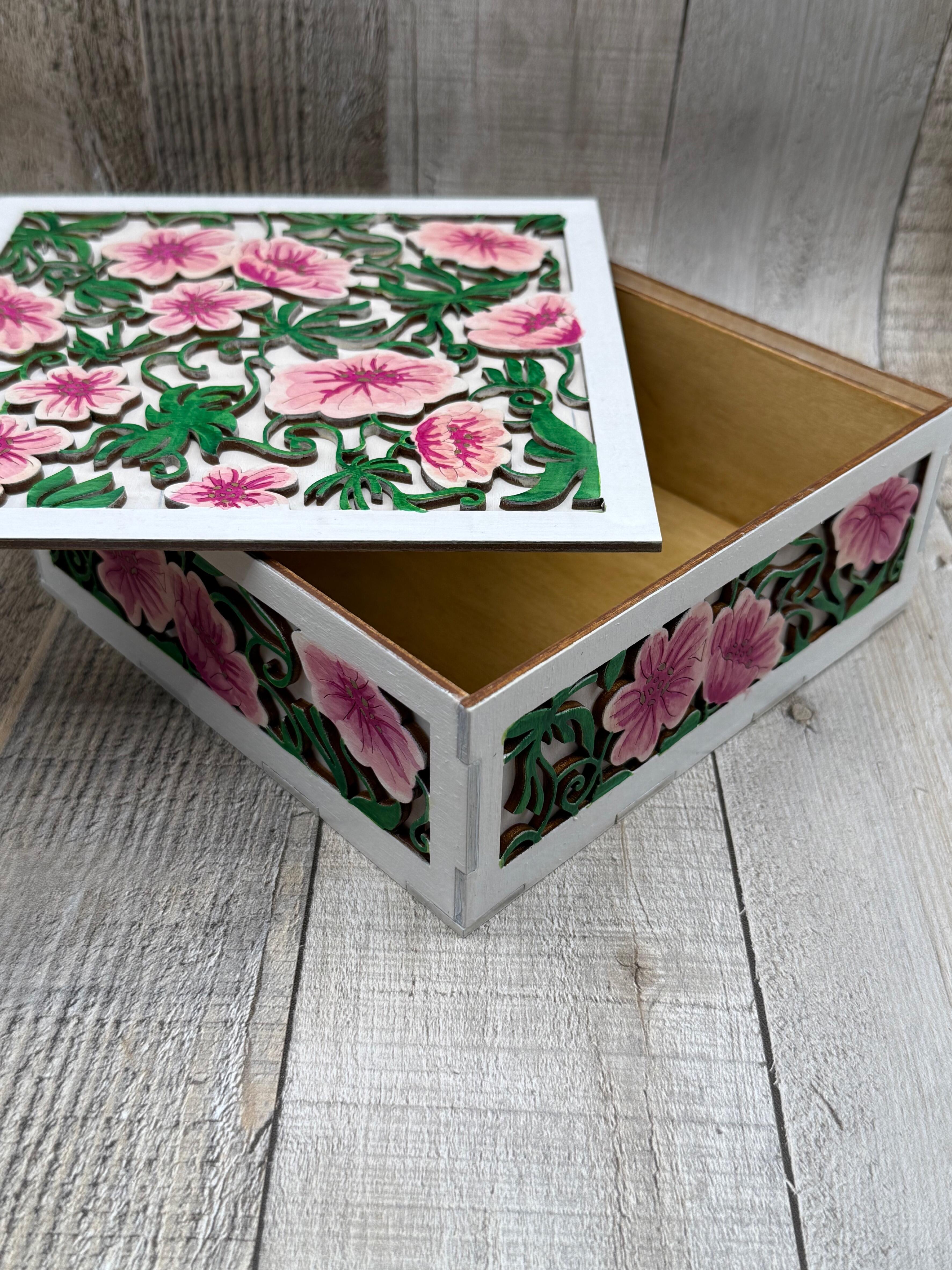 LASER CUT FLORAL LAYERED WOODEN KEEPSAKE BOX WITH LID - HAND PAINTED