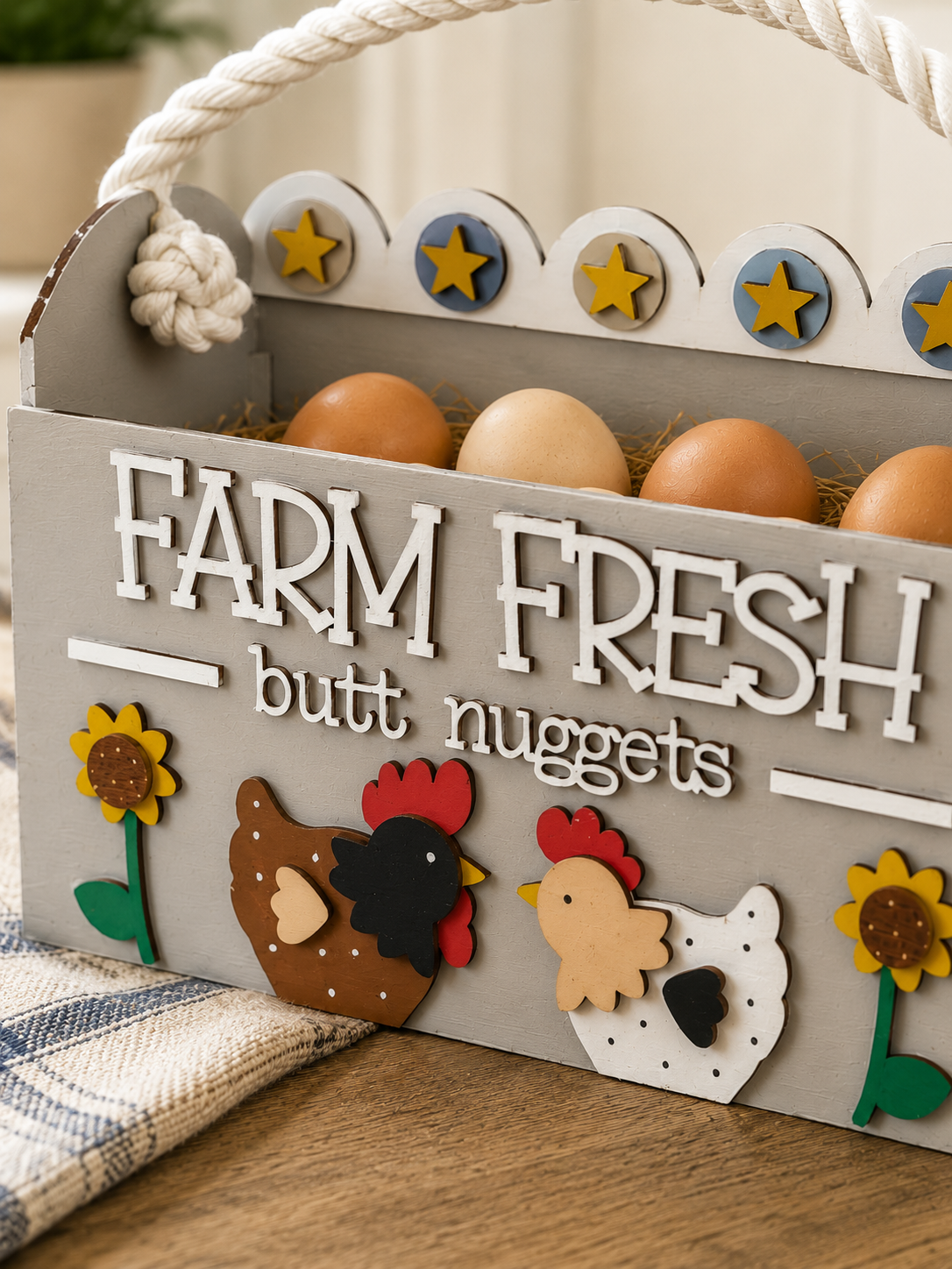 Farm Fresh Butt Nuggets wooden egg holder hand painted in Country Mist farmhouse finish.