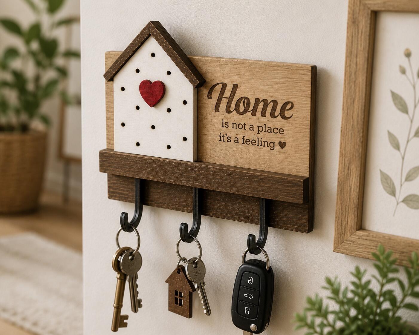 Layered house design key rack with red heart detail