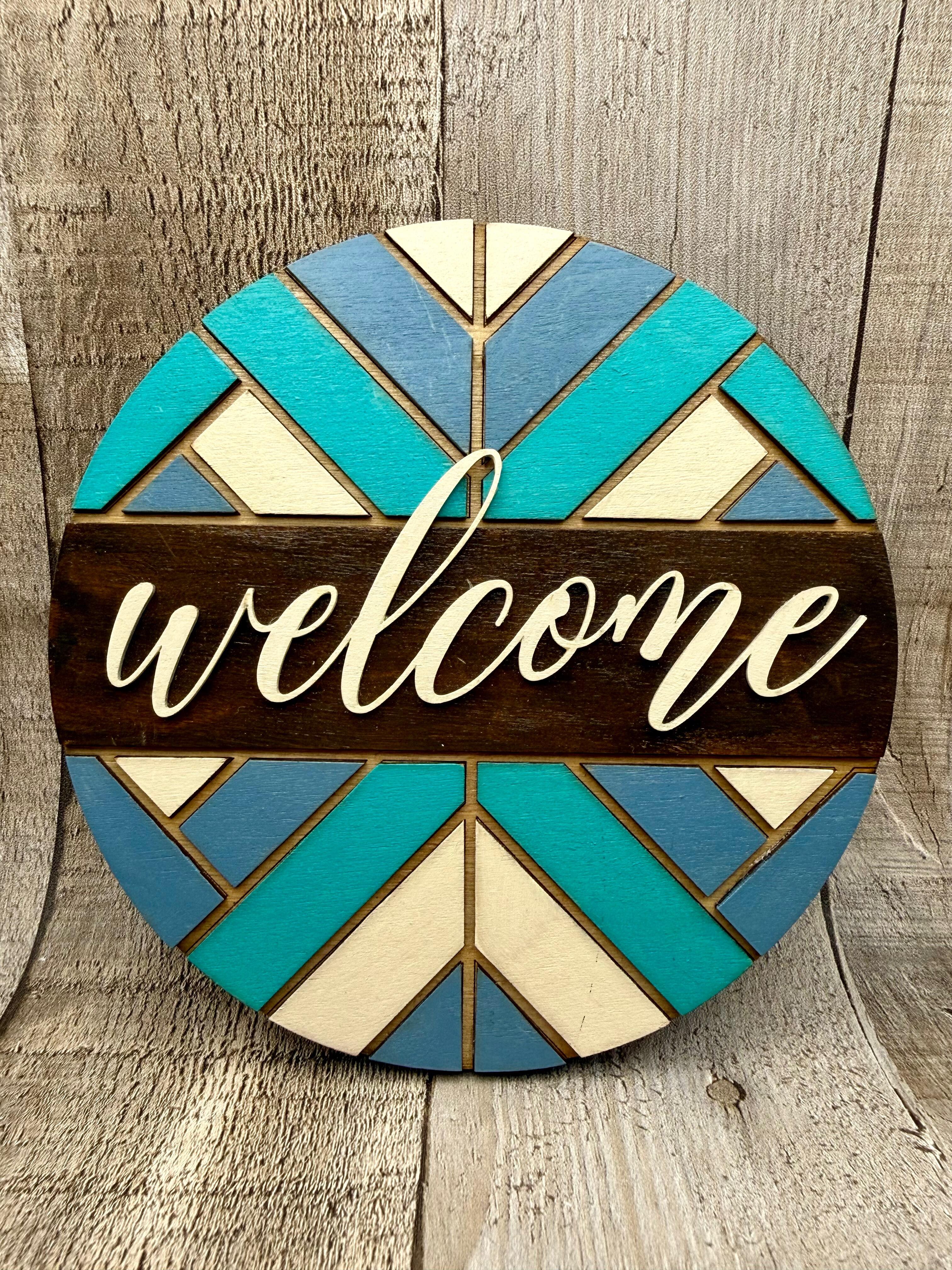 LASER CUT WOODEN "WELCOME" GEOMETRIC LAYERED WALL SIGN