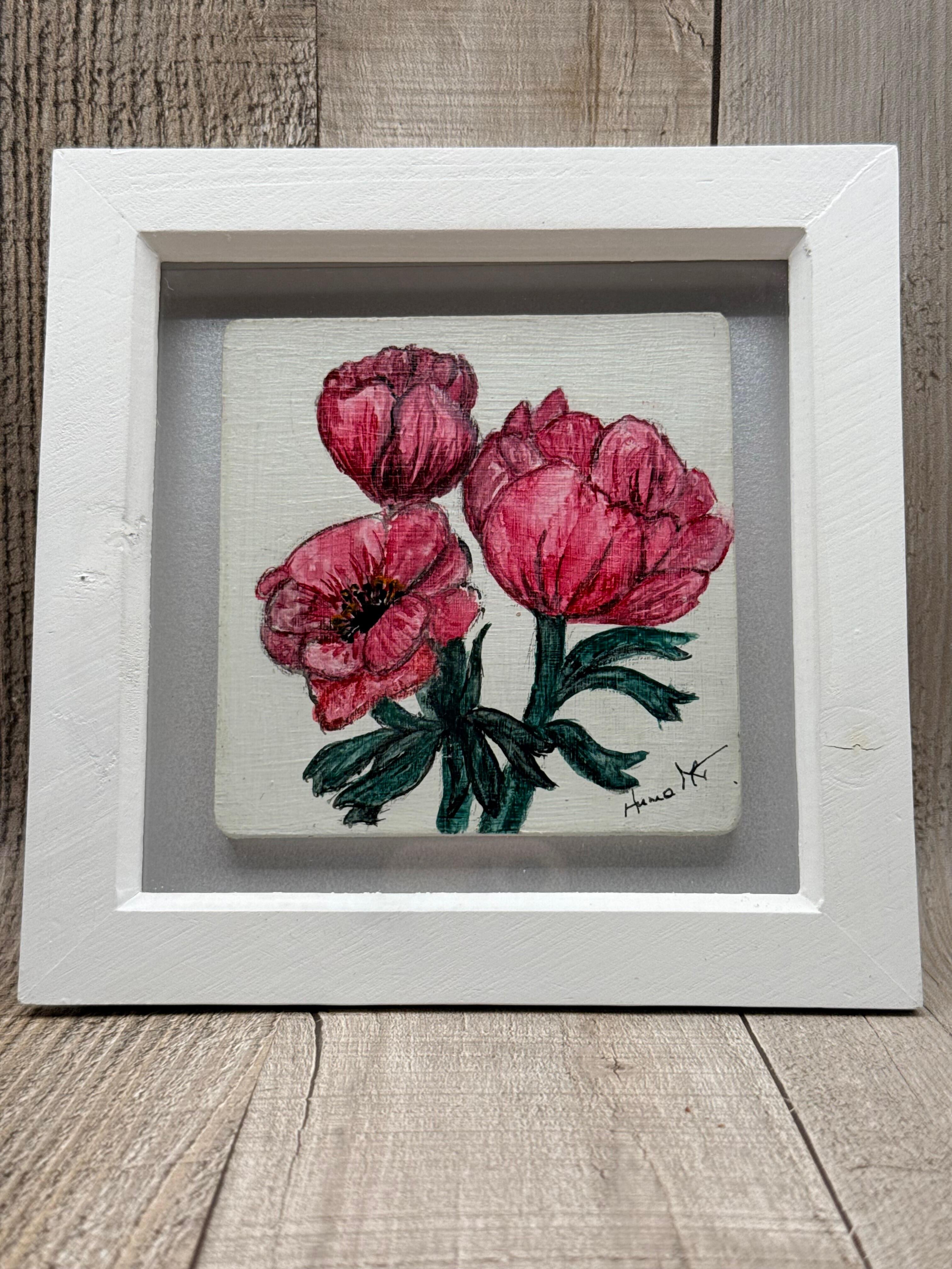 FRAMED ACRYLIC ANEMONE FLORAL ART - HAND PAINTED WOODEN PANEL