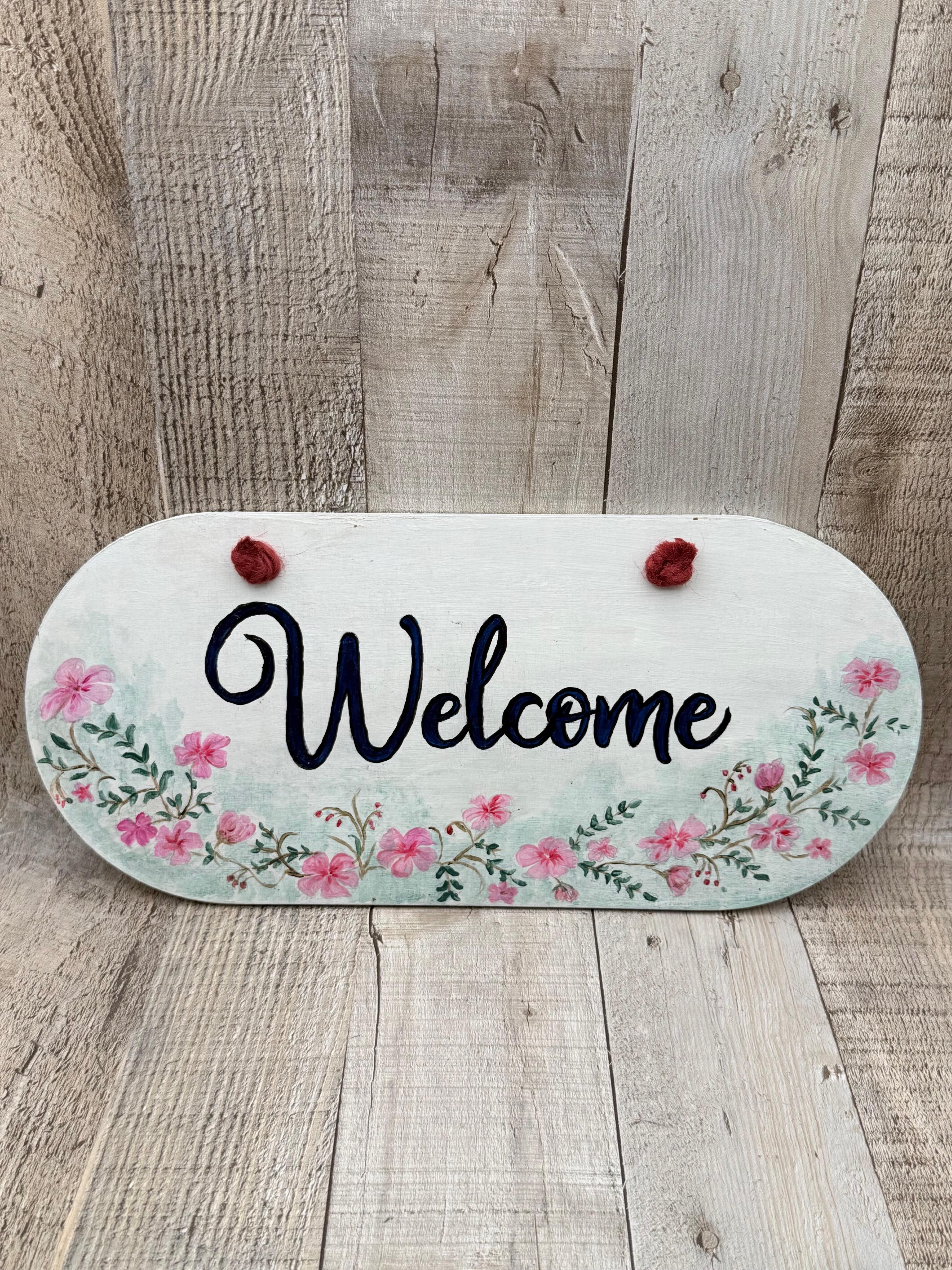 FLORAL WELCOME OVAL HAND PAINTED WOODEN SIGN
