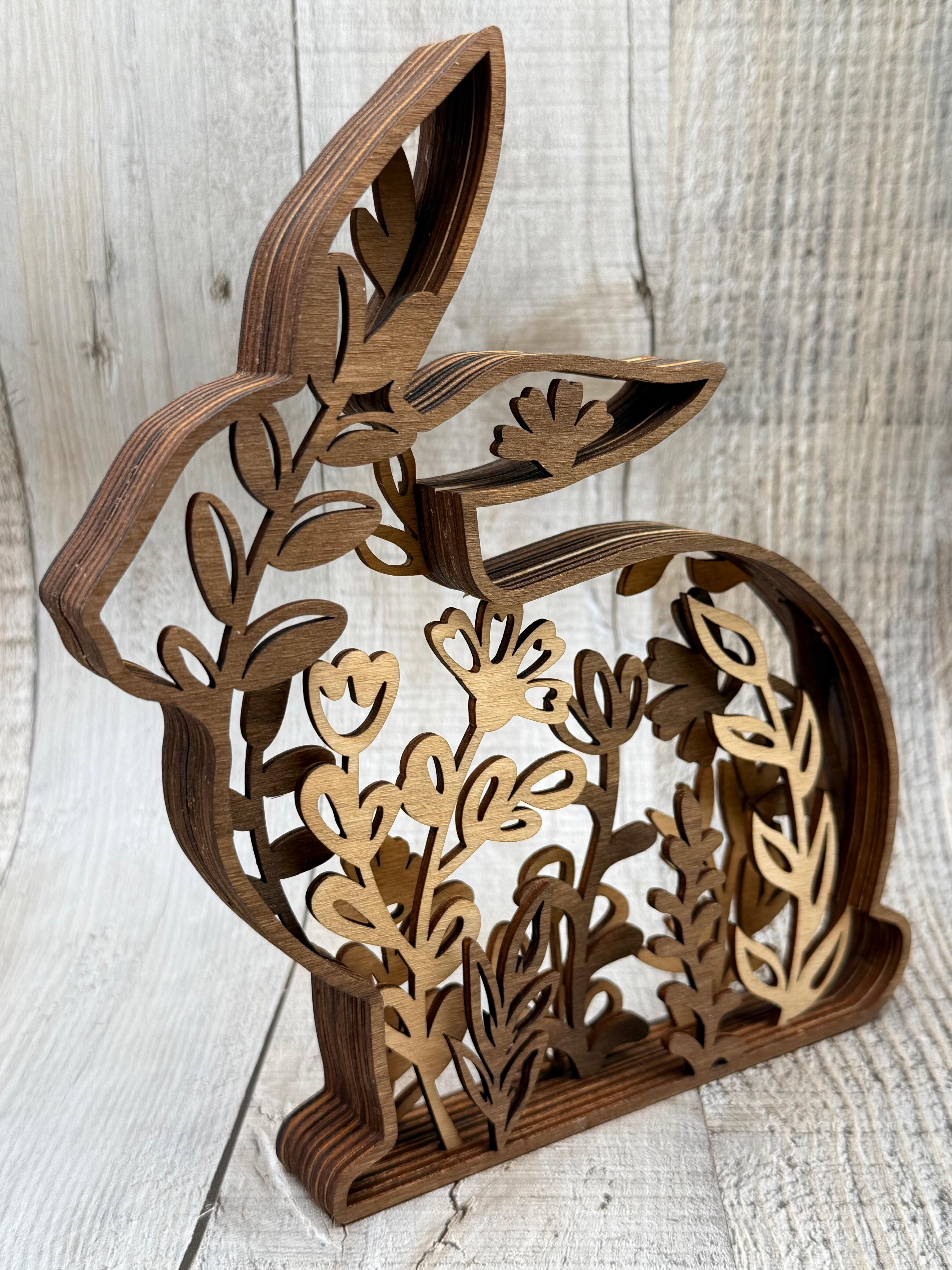 Handmade floral wooden bunny Easter display