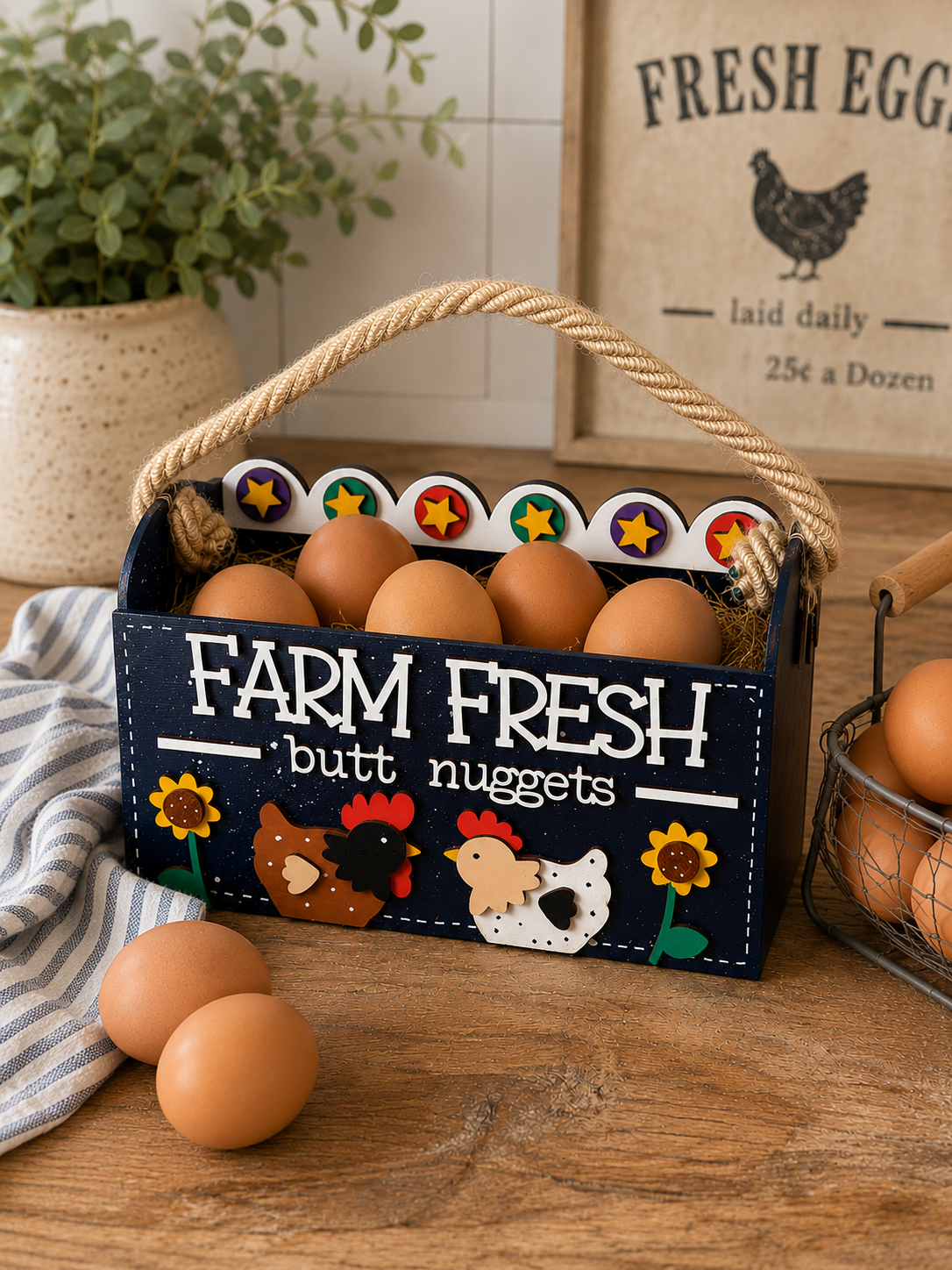 Farm Fresh Butt Nuggets wooden egg holder hand painted in Midnight Barn farmhouse finish.